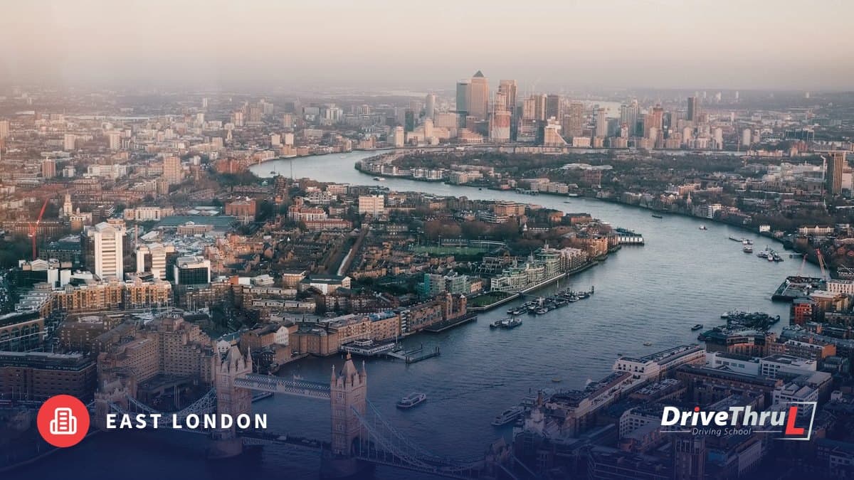DriveThruL Driving Hub card: Driving in East London. London from above: the Thames, Tower Bridge and Canary Wharf