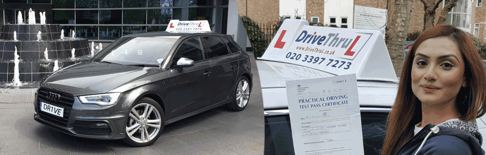 DriveThruL student with practical driving test pass certificate next to lesson car