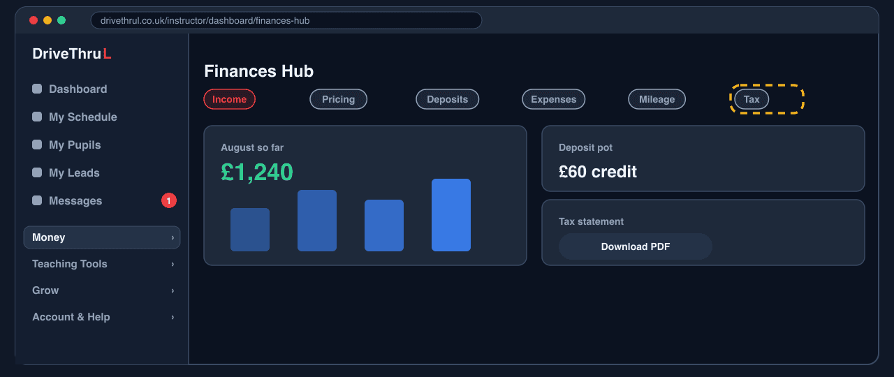 The Finances Hub with its tabs, monthly income card, deposit pot and tax statement download