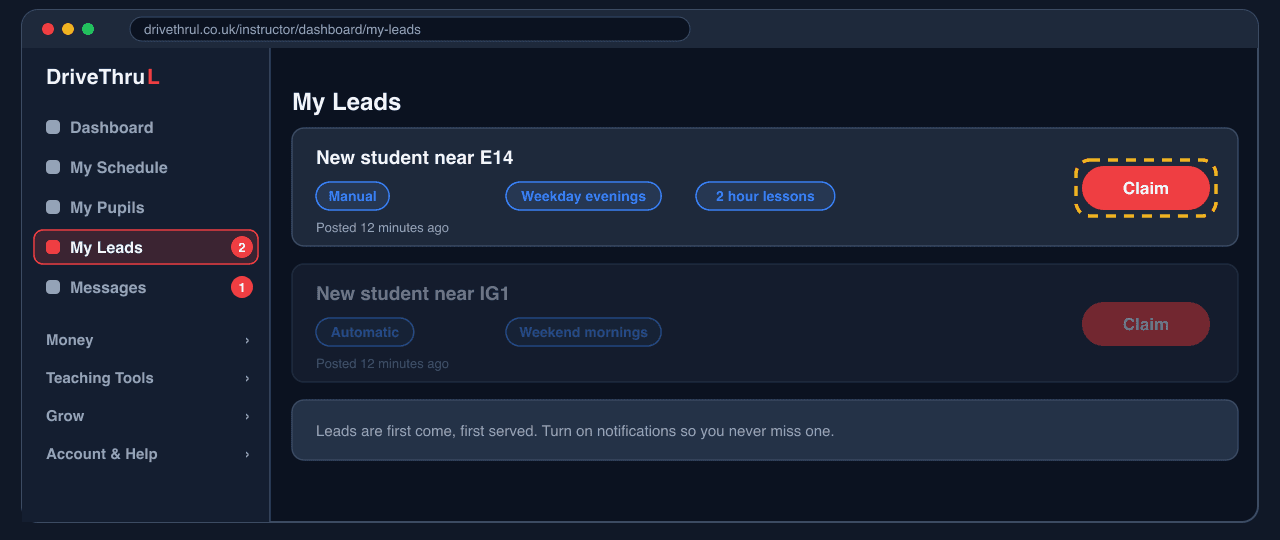 My Leads screen with a new student card and its Claim button highlighted