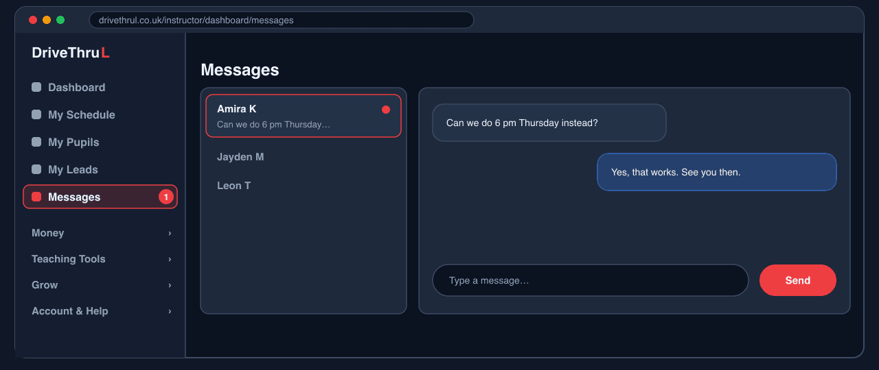 The Messages screen with a conversation list and an open chat
