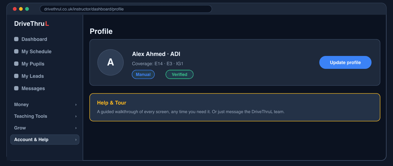 The profile screen with coverage postcodes and the Help and Tour card