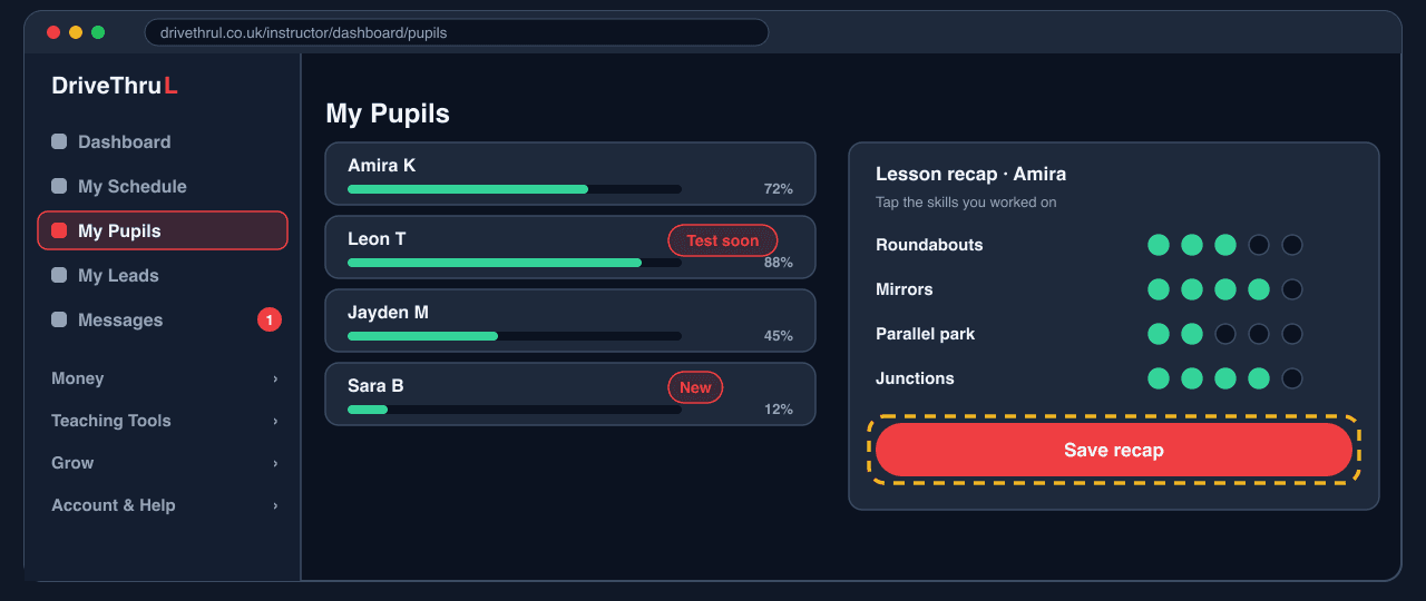 The My Pupils list beside a lesson recap panel with tappable skill levels