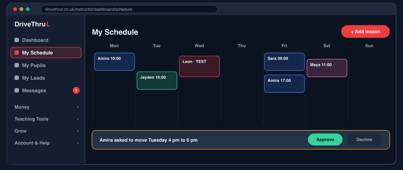 The weekly schedule with lesson blocks and a pupil's move request awaiting approval