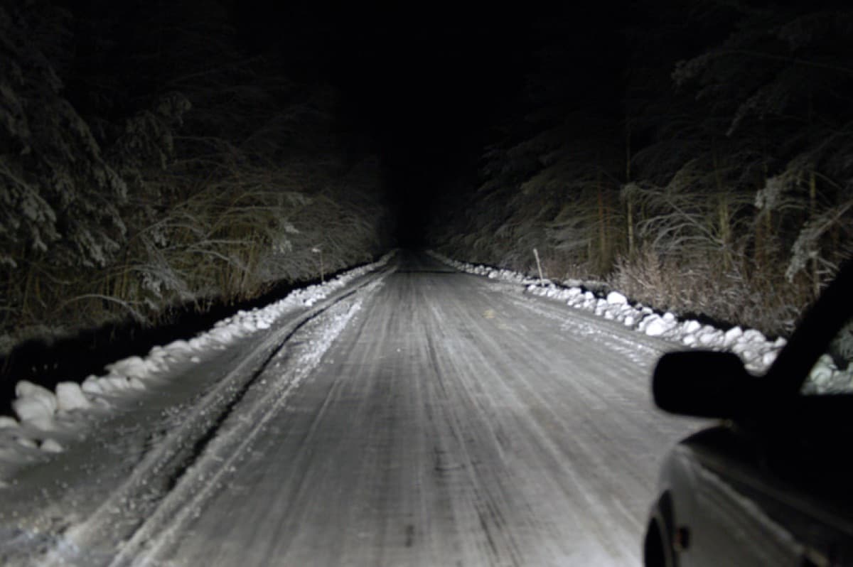 A road lit up by a car's main beam headlights at night