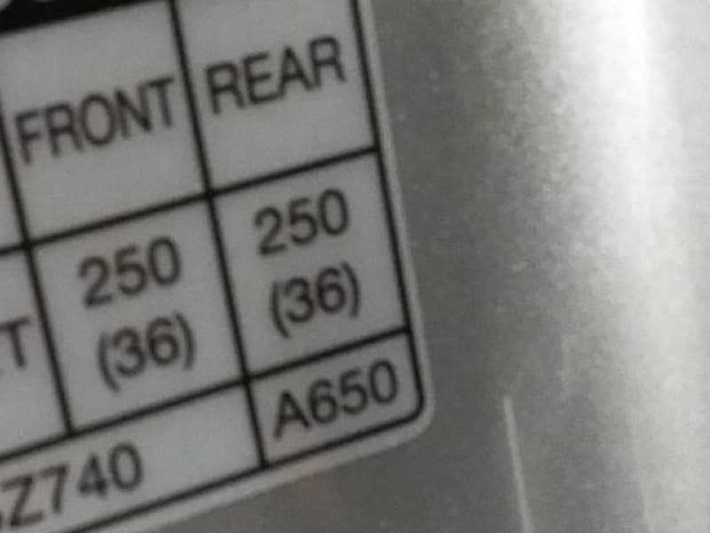 A tyre pressure label inside a car door frame