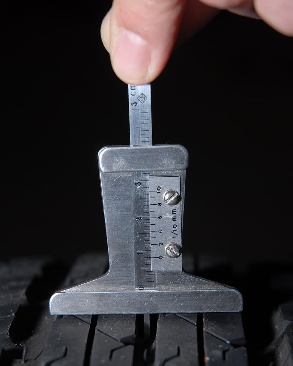 A tread depth gauge pushed into a tyre groove