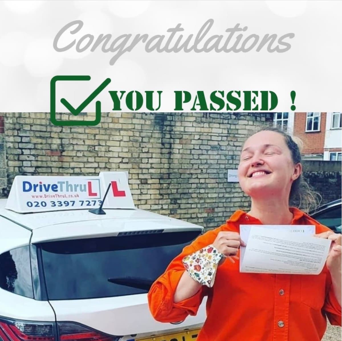 DriveThruL learner congratulations in Tower Hamlets