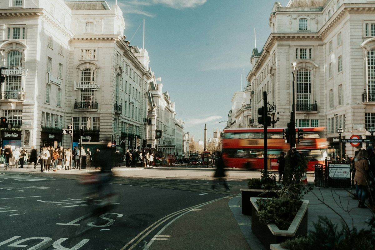 Traffic, cyclists and pedestrians at a busy London junction