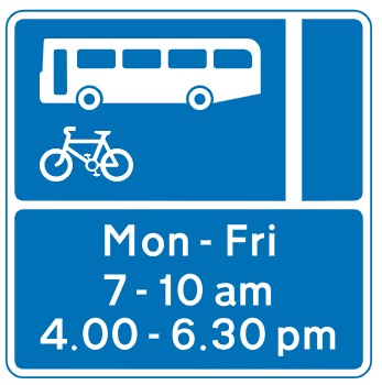 UK bus lane road sign showing bus and bicycle with Mon-Fri operating hours
