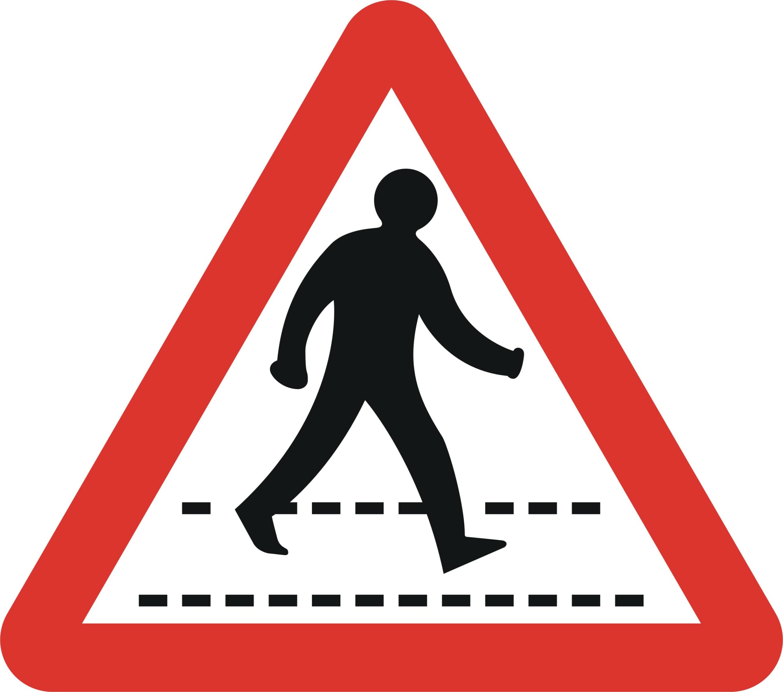 UK pedestrian zone warning sign showing person crossing road